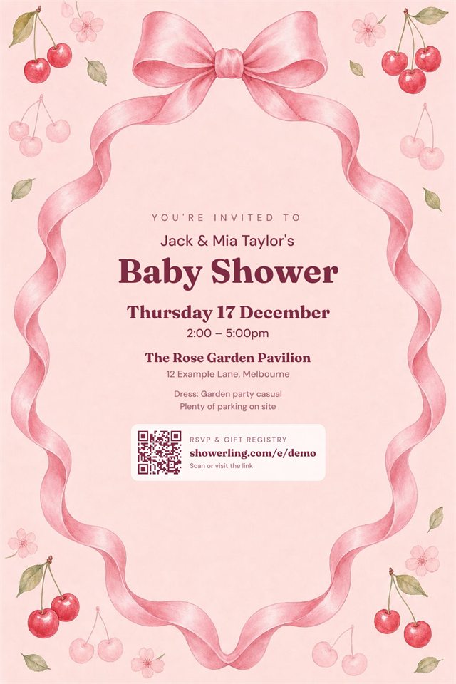 Example invitation with the details, QR code and link printed on